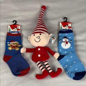 Festive Elf and 2 Pairs of Holiday Socks Set